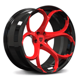 Custom forged monoblock wheel in black and red finish, designed for Tesla Model S rims and custom applications.