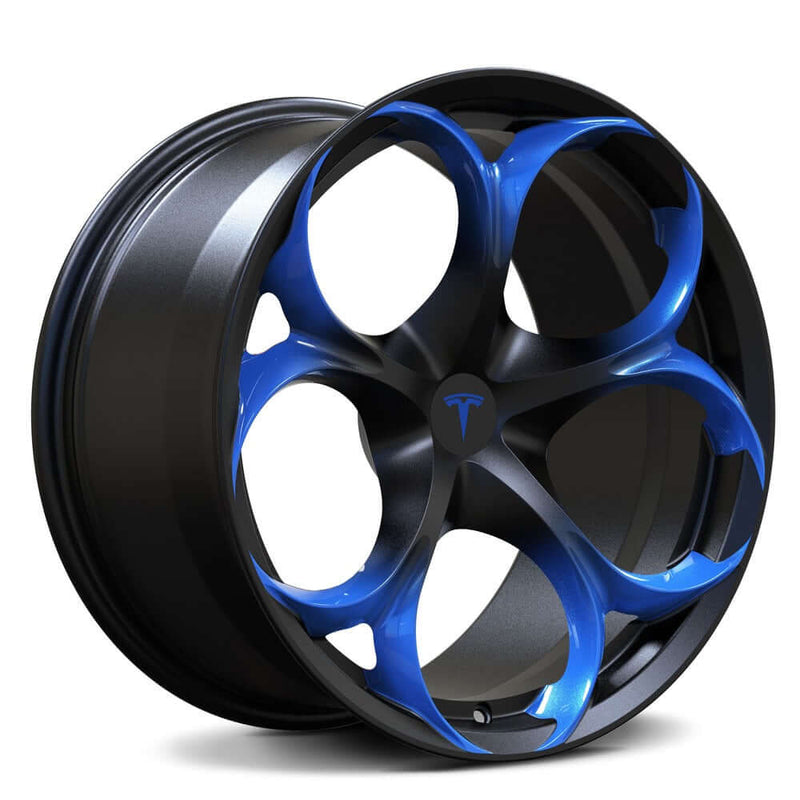 Custom forged monoblock wheel for Tesla Model S featuring a sleek black design with blue accents.