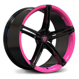 Custom forged 5 spoke wheels with black and pink finish, designed for high-performance vehicles, showcasing unique style and craftsmanship.