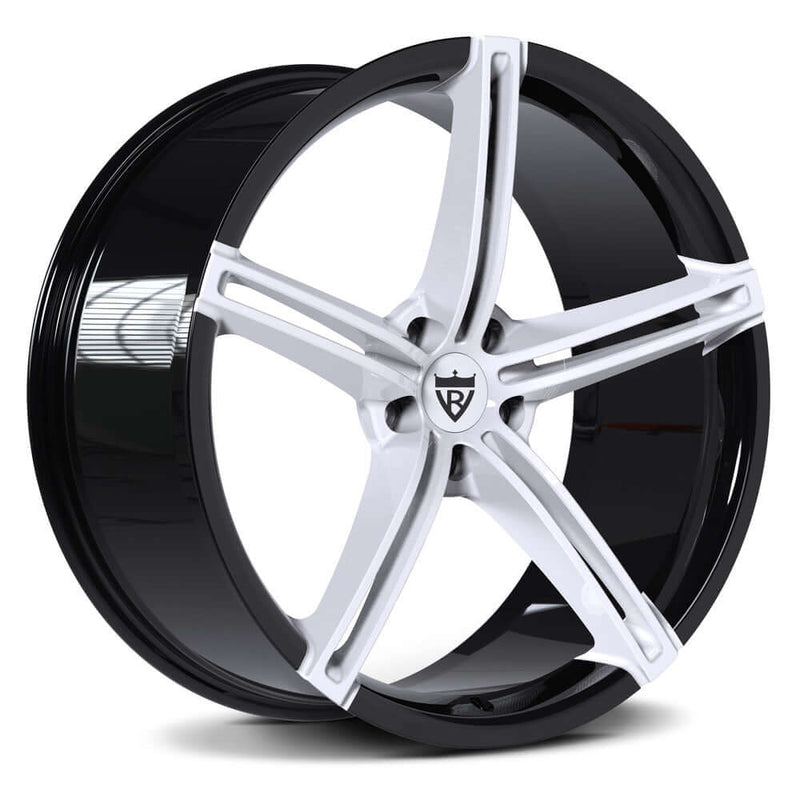 Custom forged 5-spoke wheels in black and white finish, designed for enhanced performance and style.