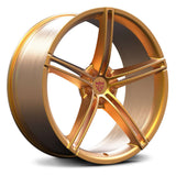 Custom forged 1-piece 5 spoke wheels in gold finish, designed for optimal performance and style in any vehicle.