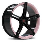 Custom forged 1-piece 5 spoke wheels in black and pink finish, designed for high performance and aesthetics.