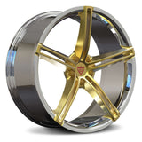 Custom forged 5 spoke monoblock wheel in chrome and gold finish for Audi vehicles.