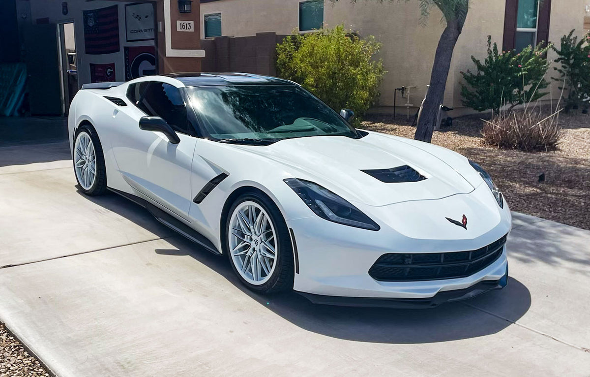 Close-up of MS808 white and black forged wheels on 2016 Corvette C7 Stingray.