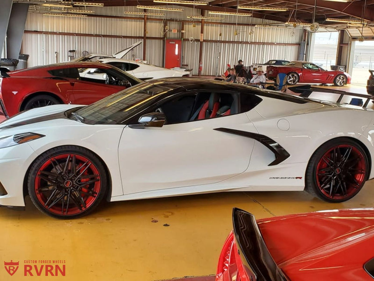 Red and black custom forged wheel on 2021 Corvette C8 Z51 front, 20×9 fitment, design your own wheels option
