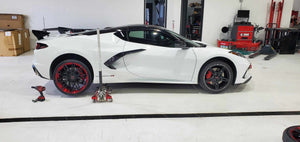 Rear 21x12 forged wheel in red and black finish on Corvette C8 Z51, deep profile, custom wheel design option