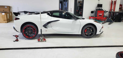 Rear 21×12 forged wheel in red and black finish on Corvette C8 Z51, deep profile, custom wheel design option