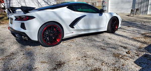Close-up details of RV-MS808 red and black custom wheels for Corvette C8, precision machining, design your own wheels