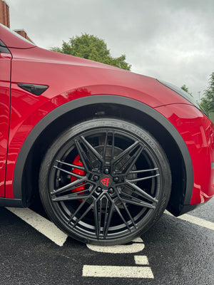Close-up detail of custom forged Tesla Model Y wheels, precision machining and finish, 21-inch performance fitment, design your own wheels