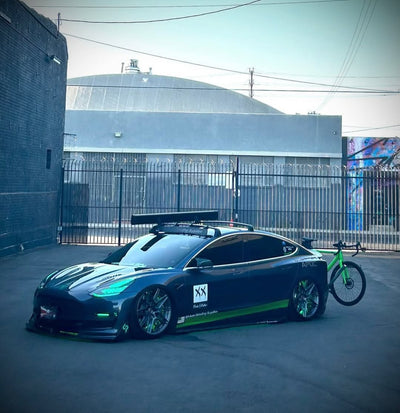 Side view of Tesla Model 3 with best aftermarket forged wheels, 20x9.5 custom fitment and clean stance