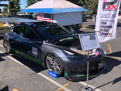 Detailed profile of forged aftermarket wheel on Tesla Model 3, lightweight construction and custom finish option