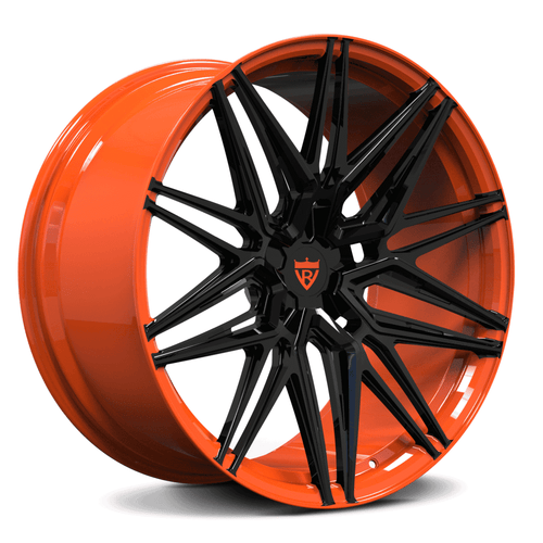 Custom forged monoblock wheel design with black spokes and orange lip for C7 Corvette aftermarket wheels.
