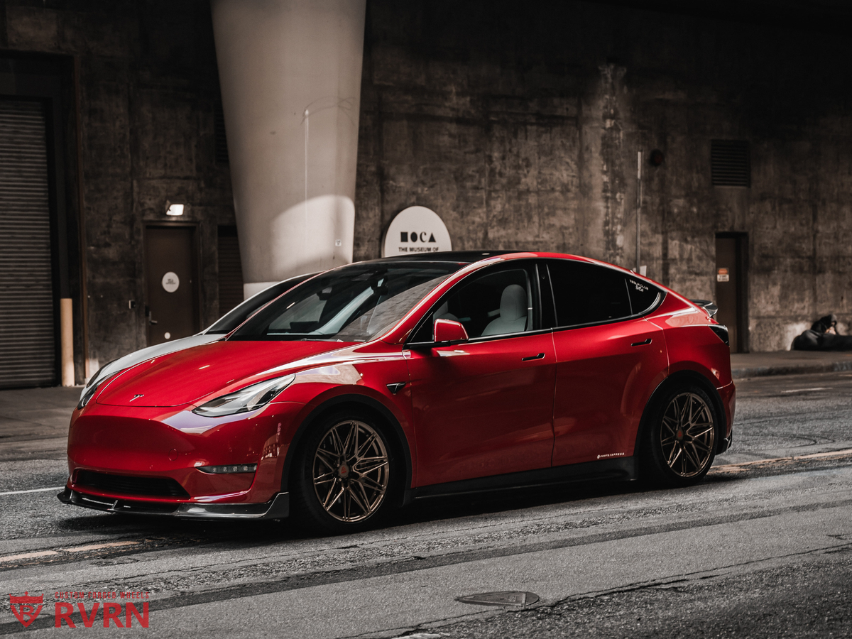 Tesla Model Y stance on custom 20x9.5 forged wheels, performance rims and styling upgrade