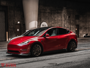 Tesla Model Y stance on custom 20x9.5 forged wheels, performance rims and styling upgrade