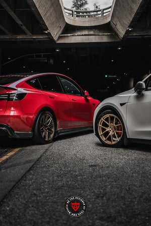 Side angle of Tesla Model Y on 20x9.5 forged performance rims, custom wheel design option