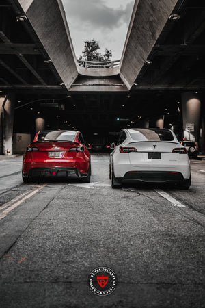 Rear angle fitment of 20x9.5 forged wheels on Tesla Model Y, performance wheel upgrade
