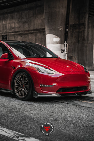 Rear view showing Tesla Model Y custom 20x9.5 forged rims, design your own wheels option