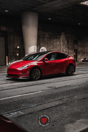 Machined finish on Tesla Model Y 20x9.5 forged wheel, custom performance design