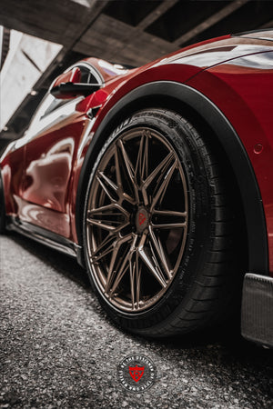 Hardware detail of Tesla Model Y custom forged 20x9.5 wheel, 2-piece performance rim