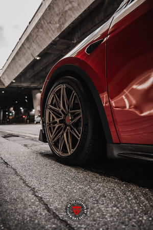 Close-up of forged RV-MS808 wheel on Tesla Model Y, 20x9.5 performance rim detail