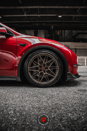 20x9.5 wheel fitment on Tesla Model Y, custom forged wheels for improved stance