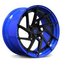 Subaru WRX STI custom blue wheels, RVRN RV-DF041 gloss black face with ocean blue step lip directional wheels.