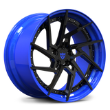 Subaru WRX STI custom blue wheels, RVRN RV-DF041 gloss black face with ocean blue step lip directional wheels.
