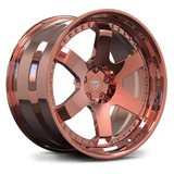 Polished Rose Gold forged 2-piece wheels – custom RVRN RV-DS01 step lip design for high-end cars.
