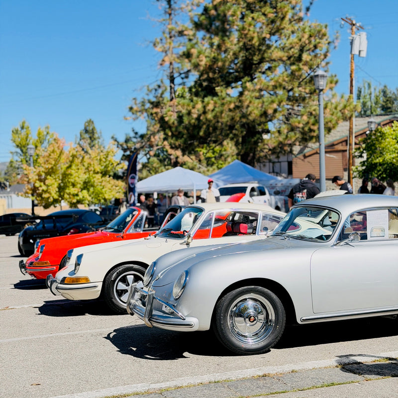 Wide view capturing multiple Porsche vehicles at Big Bear Lake.