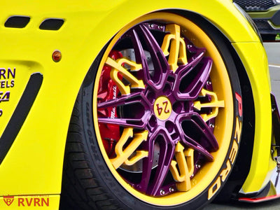 Color detail of RM-01 custom forged wheel in yellow and purple, design your own wheels customization