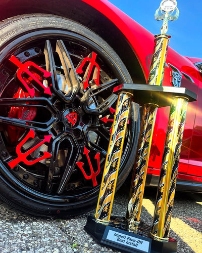 Rear 20x10 custom forged wheel on Maserati Ghibli, staggered 20 inch wheel setup with deep performance stance