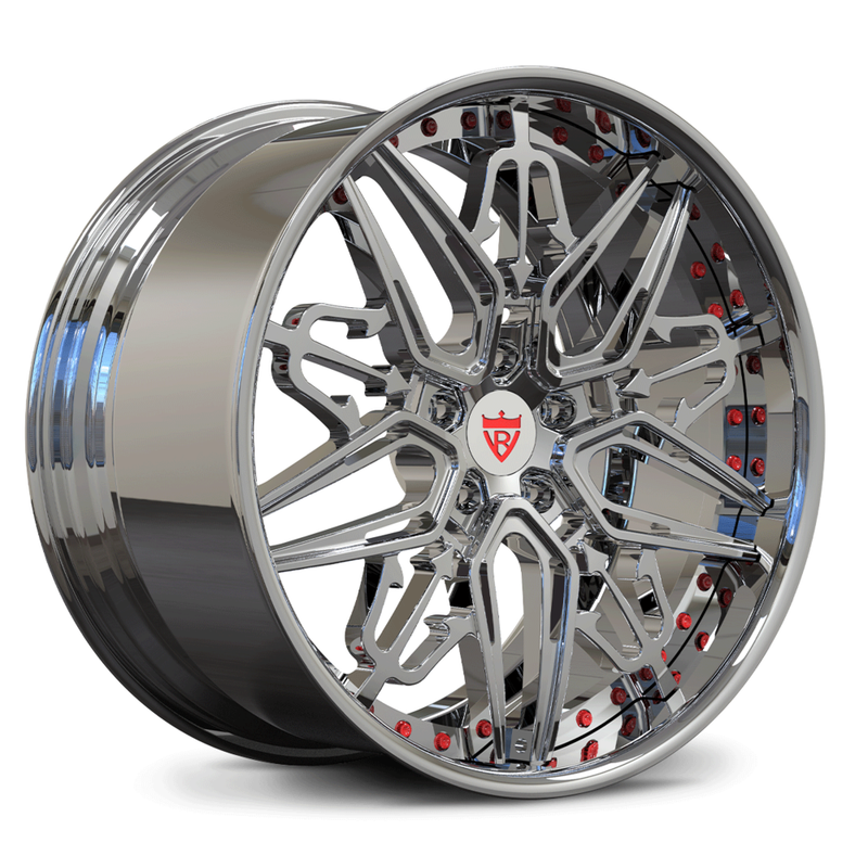 Custom forged 2-piece chrome wheel, designed for C7 Corvette Grand Sport with intricate detailing.