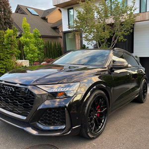 Audi RS Q8 fitted with custom 23 inch forged wheels, 23x10.5 front fitment, performance SUV build, design your own wheels