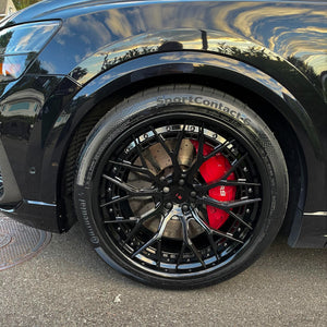 Side profile of Audi RS Q8 on 23x10.5 forged wheels, wide stance SUV fitment, custom design your own wheels option
