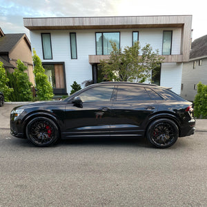 Close-up spoke detail of 23 inch forged wheel on Audi RS Q8, precision machining and custom wheel design