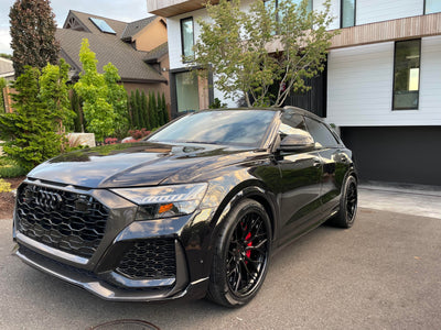 Rear angle of Audi RS Q8 on custom forged wheels, 23 inch performance SUV wheels built to customer specs
