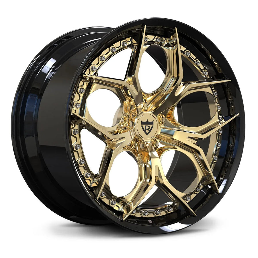 RV-DA03 Corvette C8 chrome and rose gold custom forged wheel with angular five-petal spokes