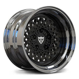 Classic car forged wheel with black mesh face, chrome step lip and deep dish profile.