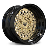 Classic car mesh wheel with black barrel, frozen gold face and stepped deep dish lip.