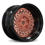 Restomod forged wheel with black barrel, rose gold mesh face and deep dish profile.