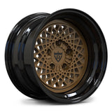 Vintage car forged wheel with black barrel, bronze mesh face and deep dish step lip.