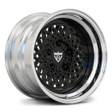RV-DB01 restomod wheel with black mesh face, polished step lip and deep dish styling.
