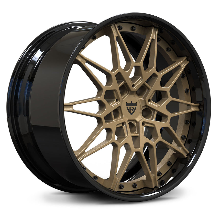 RV-DB418 custom forged BMW mesh wheel showing stepped lip and gloss black barrel side profile