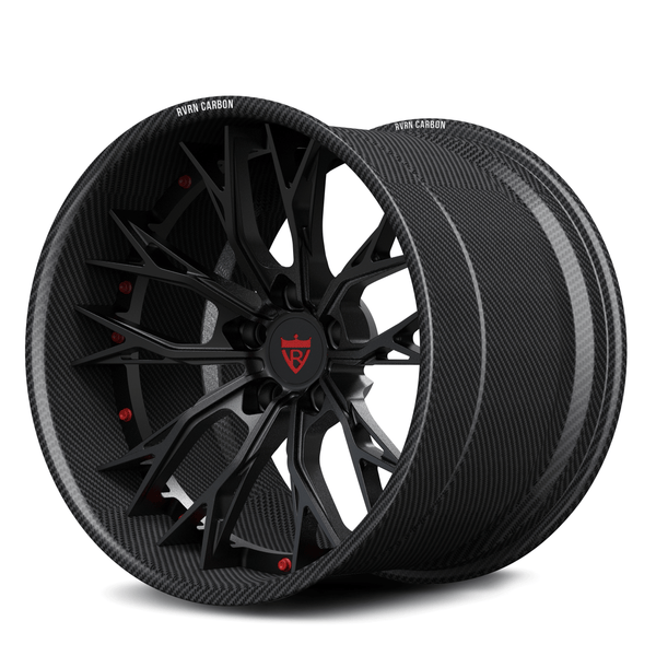 RV-DC04 CF carbon fiber forged wheel with black center and red assembly hardware