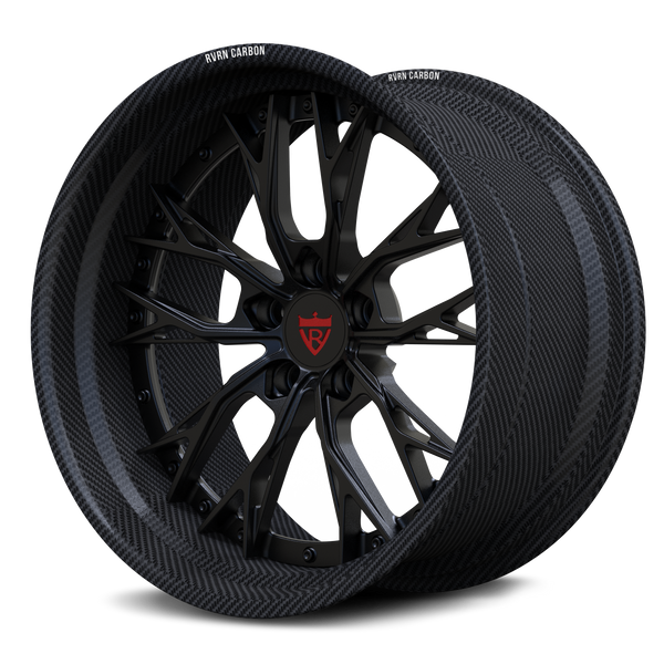 The RVRN RV-DC04 CF features a matte black Y-spoke forged center, a pronounced deep-dish profile, and a genuine carbon fiber outer rim in a transparent bg.