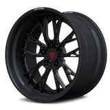 The RVRN RV-DC04 CF combines a matte black Y-spoke design with a deep-dish profile and a genuine carbon fiber outer rim in an angled view.