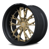 The RVRN RV-DC04 CF combines a polished frozen gold Y-spoke center with a deep-dish profile and a genuine carbon fiber outer rim.