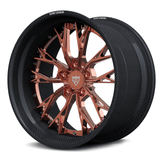 The RVRN RV-DC04 CF features a polished rose gold Y-spoke center, a pronounced deep-dish profile, and a genuine carbon fiber outer rim.