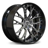 Chrome finish 2-piece forged wheels for Tesla Model Y, RV-DC04 futuristic Y-spoke design.