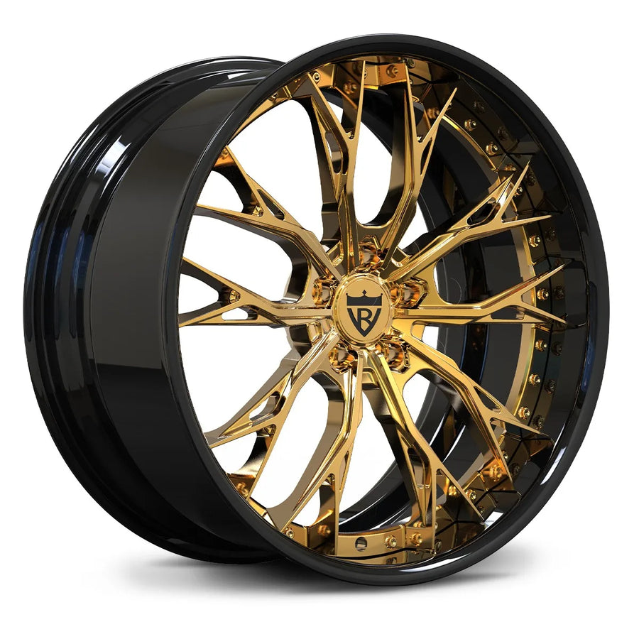 Tesla Model Y custom forged 2-piece wheels in polished frozen gold finish, RV-DC04 modern lip.